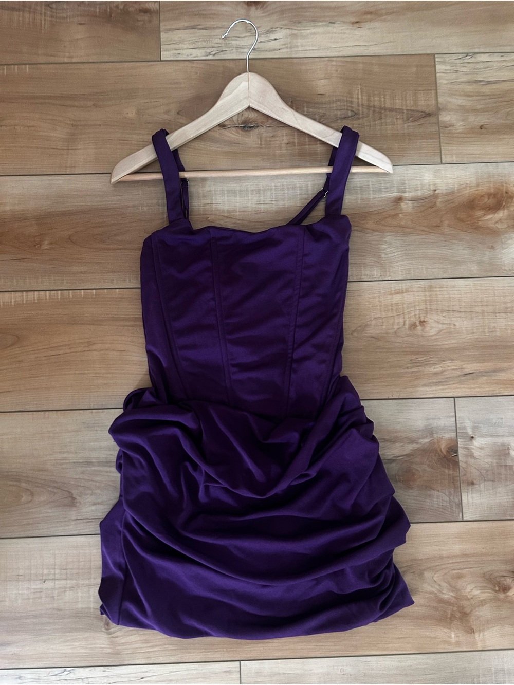 Satin Ruched Mini Dress in Purple with Adjustable Straps